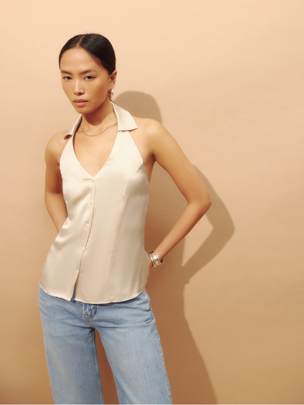 Reformation Cream Satin Halter-Collar Camisole